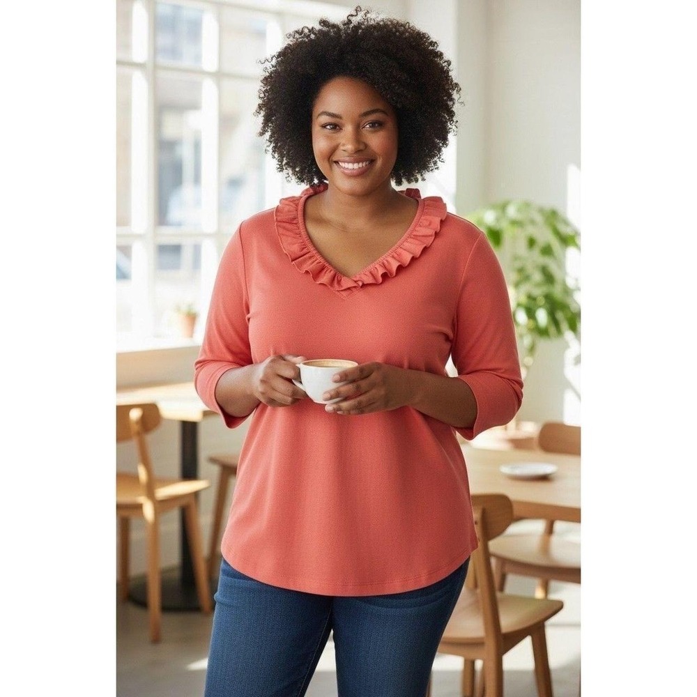 Crown & Ivy Womens Coral Pink Ruffle V Neck 3/4 Sleeve Blouse Top Plus Size 2X